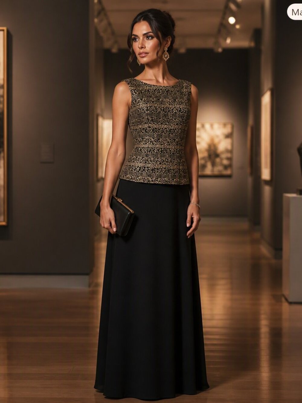 Jessica Howard Black Maxi Dress with Gold Paisley Bodice – Elegant Formal Evenin